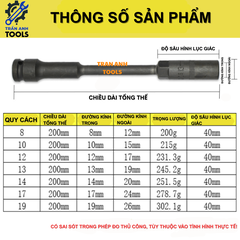 Khẩu vặn ốc lục giác dài 200mm chuôi 1/2 cỡ 8-19mm, thép CR-V dùng cho máy vặn ốc chuyên dụng, chịu lực cao
