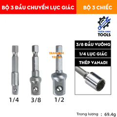 Bộ 3 đầu chuyển từ bắn vít sang bu lông các cỡ 1/4 3/8 1/2 đa năng, đầu chuyển từ máy vặn vít sang máy siết ốc