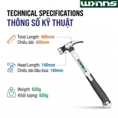 Búa nhổ đinh đầu dài Wynn's cao cấp chiều dài 40cm, búa đóng nhổ đinh cầm tay công nghiệp có bọc cán