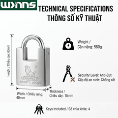 Ổ khóa treo chống cắt Wynn's đủ các cỡ chất liệu thép hợp kim chống nước chống trộm, khóa treo chống cắt bảo vệ nhà cửa