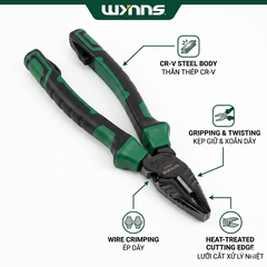 Kìm điện đa năng 8 inch Wynn's W208S - Thép CR-V cao cấp, chuyên dùng cắt, ép dây, kẹp giữ - Chính hãng