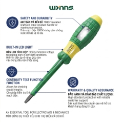 Bút thử điện 1000V Wynn's cao cấp tay cầm bọc nhựa TPE cách nhiệt cách điện đủ các cỡ, Bút điện tô vít cách điện đa năng