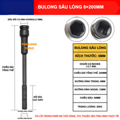 Khẩu vặn ốc lục giác dài 200mm chuôi 1/2 cỡ 8-19mm, thép CR-V dùng cho máy vặn ốc chuyên dụng, chịu lực cao