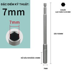 Đầu Chụp Lục Giác Dài 150mm Thép Crom Vanadi Siêu Bền Chuôi 6.35mm