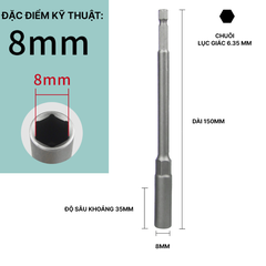 Đầu Chụp Lục Giác Dài 150mm Thép Crom Vanadi Siêu Bền Chuôi 6.35mm