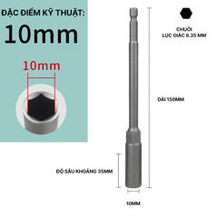 Đầu Chụp Lục Giác Dài 150mm Thép Crom Vanadi Siêu Bền Chuôi 6.35mm