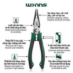 Kìm Mũi Nhọn Đa Năng W3461 200mm Thép Hợp Kim Có Lưỡi Cắt Tay Cầm Chống Trượt Wynns Kìm Điện Cơ Khí Chính Hãng