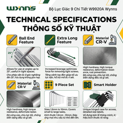Bộ Lục Giác 9 Chi Tiết W9920A Wynns Thép CR-V Siêu Dài Chìa Khóa Allen Đầu Bi Vặn Ốc Lục Giác Chính Hãng Đa Năng