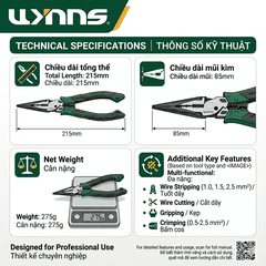 Kìm Mũi Nhọn Đa Năng W3461 200mm Thép Hợp Kim Có Lưỡi Cắt Tay Cầm Chống Trượt Wynns Kìm Điện Cơ Khí Chính Hãng