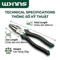 Kìm Điện 200mm Chính Hãng Wynns Super Pliers Thép Cứng Cán Bọc Cao Su Chống Trơn Kìm Cắt Dây Kẹp Đa Năng Cơ Khí