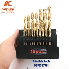 Bộ mũi khoan inox 19 chi tiết có các cỡ từ 1-10mm cao cấp Kapusi Nhật bản, hộp mũi khoan inox, thép, đồng, nhôm, gỗ