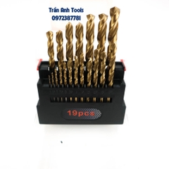 Bộ mũi khoan inox 19 chi tiết có các cỡ từ 1-10mm cao cấp Kapusi Nhật bản, hộp mũi khoan inox, thép, đồng, nhôm, gỗ