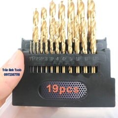 Bộ mũi khoan inox 19 chi tiết có các cỡ từ 1-10mm cao cấp Kapusi Nhật bản, hộp mũi khoan inox, thép, đồng, nhôm, gỗ