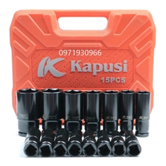 Bộ khẩu dài 15 chi tiết Kapusi mở ốc 1/2 8-32mm dùng cho máy siết bulong, bộ đầu tuýp cao cấp dùng cho máy siết bulong