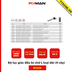 Bộ lục giác đầu bi chữ L loại dài (9 cây) FIXMAN D2320 - Chính hãng