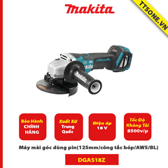 Máy mài góc dùng pin Makita DGA518Z (125mm/công tắc bóp/AWS/BL) (18V)-Chính Hãng