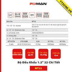 Bộ Đầu Khẩu 1.2" 22 Chi Tiết FIXMAN MT22 - Chính hãng