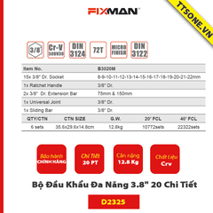 Bộ Đầu Khẩu Đa Năng 3.8" 20 Chi Tiết FIXMAN B3020M - Chính hãng