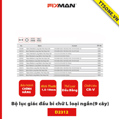 Bộ lục giác đầu bi chữ L loại ngắn(9 cây) FIXMAN D2312 - Chính hãng