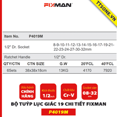 Bộ Tuýp Lục Giác 19 Chi Tiết FIXMAN P4019M - Chính Hãng