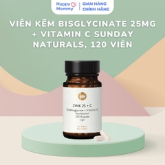 Viên Uống Bổ Sung Kẽm Hữu cơ 25mg + Vitamin C Sunday Naturals Đức, 120 Viên