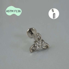 Khuyên tai tam giác bông hoa đính đá - Titanium - 1.2*8mm