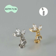 Khuyên tai titanium 3 lá đính đá tòn ten - 2 màu - 1.2*8mm