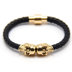 LEATHER MAGNETIC CLASP WRAP SKULL ROPE BRAIDED BRACELET
