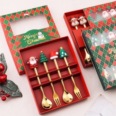 Set Hộp quà tặng Giáng Sinh, bộ thìa nĩa màu vàng kim hình Noel, phụ kiện Giáng sinh cực xinh xắn