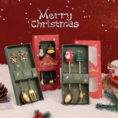 Set Hộp quà tặng Giáng Sinh, bộ thìa nĩa màu vàng kim hình Noel, phụ kiện Giáng sinh cực xinh xắn