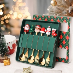 Set Hộp quà tặng Giáng Sinh, bộ thìa nĩa màu vàng kim hình Noel, phụ kiện Giáng sinh cực xinh xắn