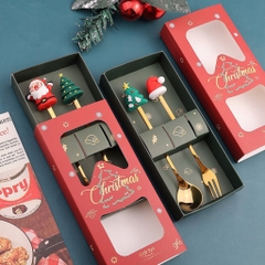Set Hộp quà tặng Giáng Sinh, bộ thìa nĩa màu vàng kim hình Noel, phụ kiện Giáng sinh cực xinh xắn