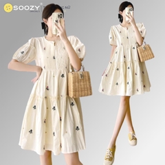 Váy búp bê hoa thêu nhỏ xinh, xếp ly, cổ thuyền, tay phồng, eo cao - VBB001