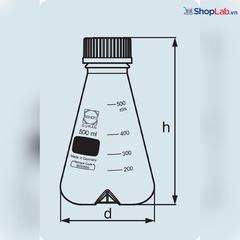 Bình tam giác nắp vặn, đáy có 4 khía, 500mL Duran