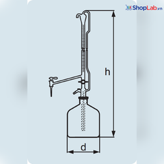 Buret tự động khóa PTFE 50mL/0.1, không kèm chai 2l và quả bóp Duran