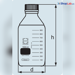 Chai trung tính GL 45, 1000mL, nắp đỏ, vòng đệm đỏ Duran