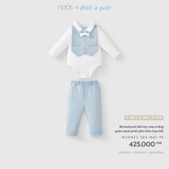 Bộ bodysuit dài tay màu trắng quần xanh phối yếm thêu họa tiết