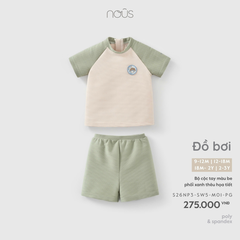 Bộ đồ bơi cộc tay màu be phối xanh thêu họa tiết