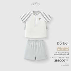 Bộ bơi cộc tay màu trắng phối sọc xanh in họa tiết