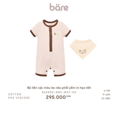 Bộ liền cộc màu be nâu phối yếm in họa tiết