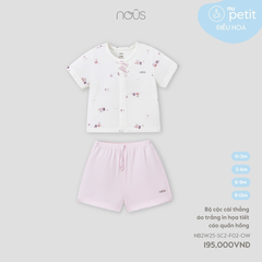 Bộ cộc cài thẳng áo trắng in họa tiết cáo quần hồng