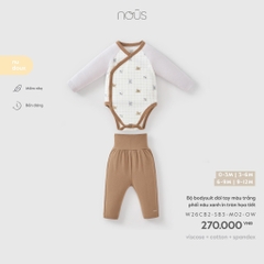 Bộ bodysuit dài tay màu trắng phối nâu xanh in tràn họa tiết
