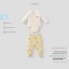 Bộ bodysuit dài áo be phối quần vàng họa tiết