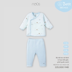 Bộ dài áo cài lệch in họa tiết gấu phối quần xanh