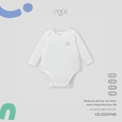 Bodysuit dài tay vai chờm màu trắng thêu họa tiết
