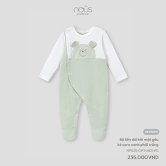 Bộ liền dài tất mặt gấu kẻ caro xanh phối trắng