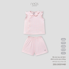 Bộ cộc tay cài lệch đính nơ kẻ caro hồng