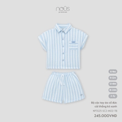 Bộ cộc tay áo cổ đức cài thẳng kẻ xanh