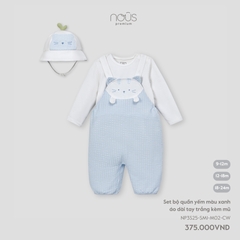 Set Bộ Quần Yếm Màu Xanh Áo Dài Tay Trắng Kèm Mũ NU2504