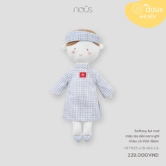 Softtoy bé gái mặc áo dài caro thêu cờ Việt